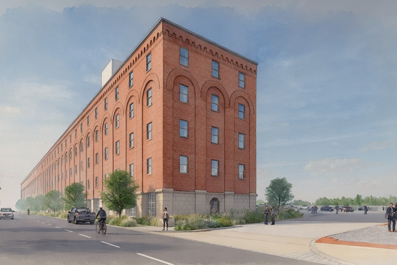 Artist's rendering of a proposed brick building on the corner of a street, surrounded by trees, plants, and vehicles