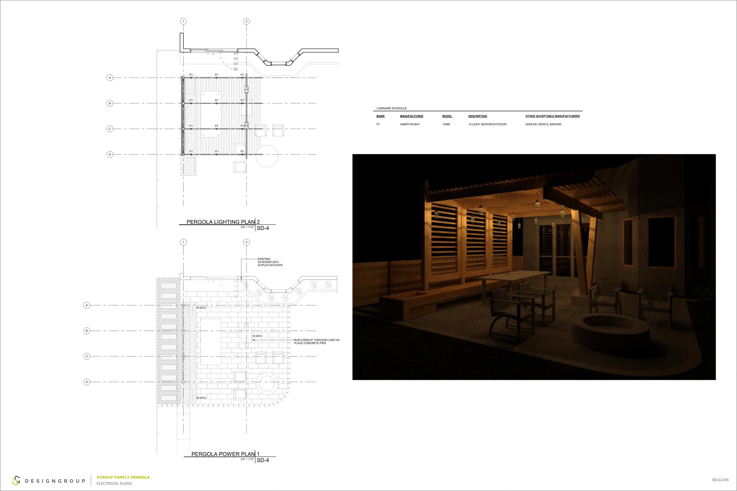 Outdoor pergola with lighting and fire pit