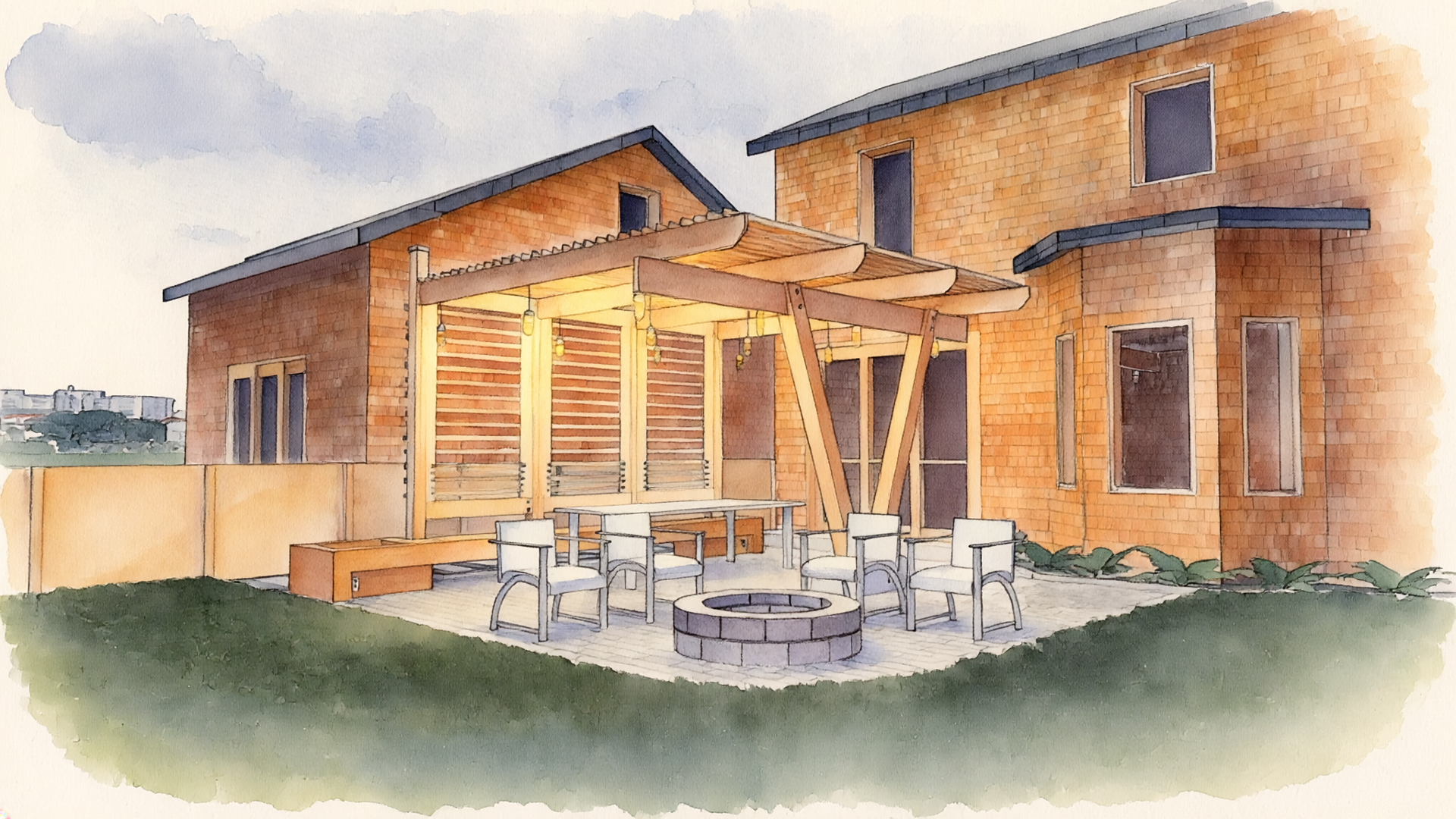 Watercolor house exterior with patio and fire pit