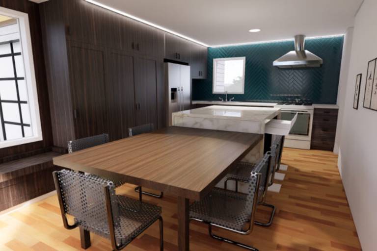 Contemporary kitchen with teal backsplash and island