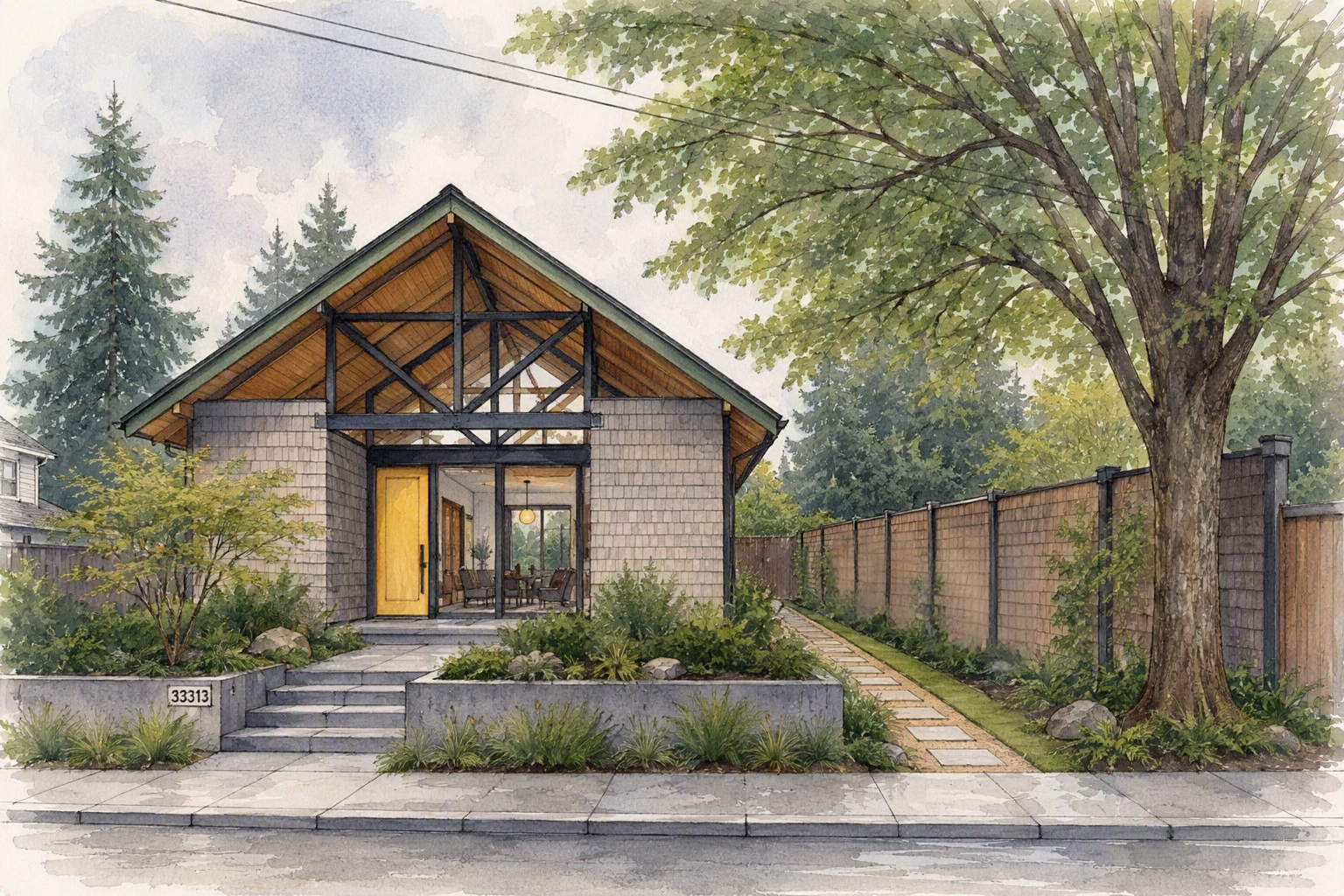 Contemporary home with exposed beams