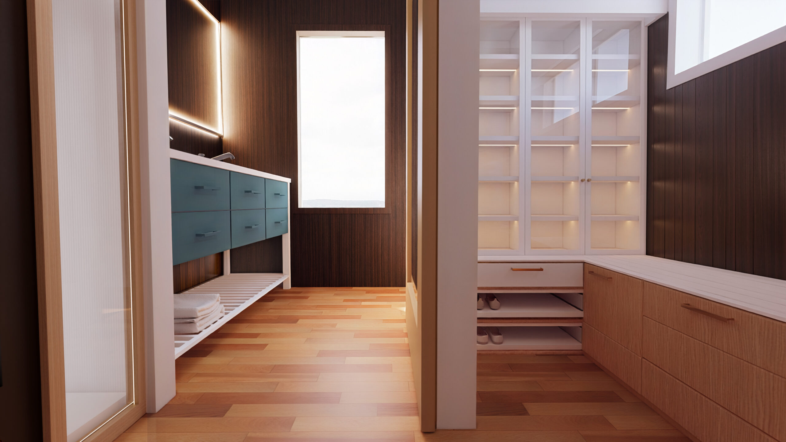Contemporary walk-in closet with vanity