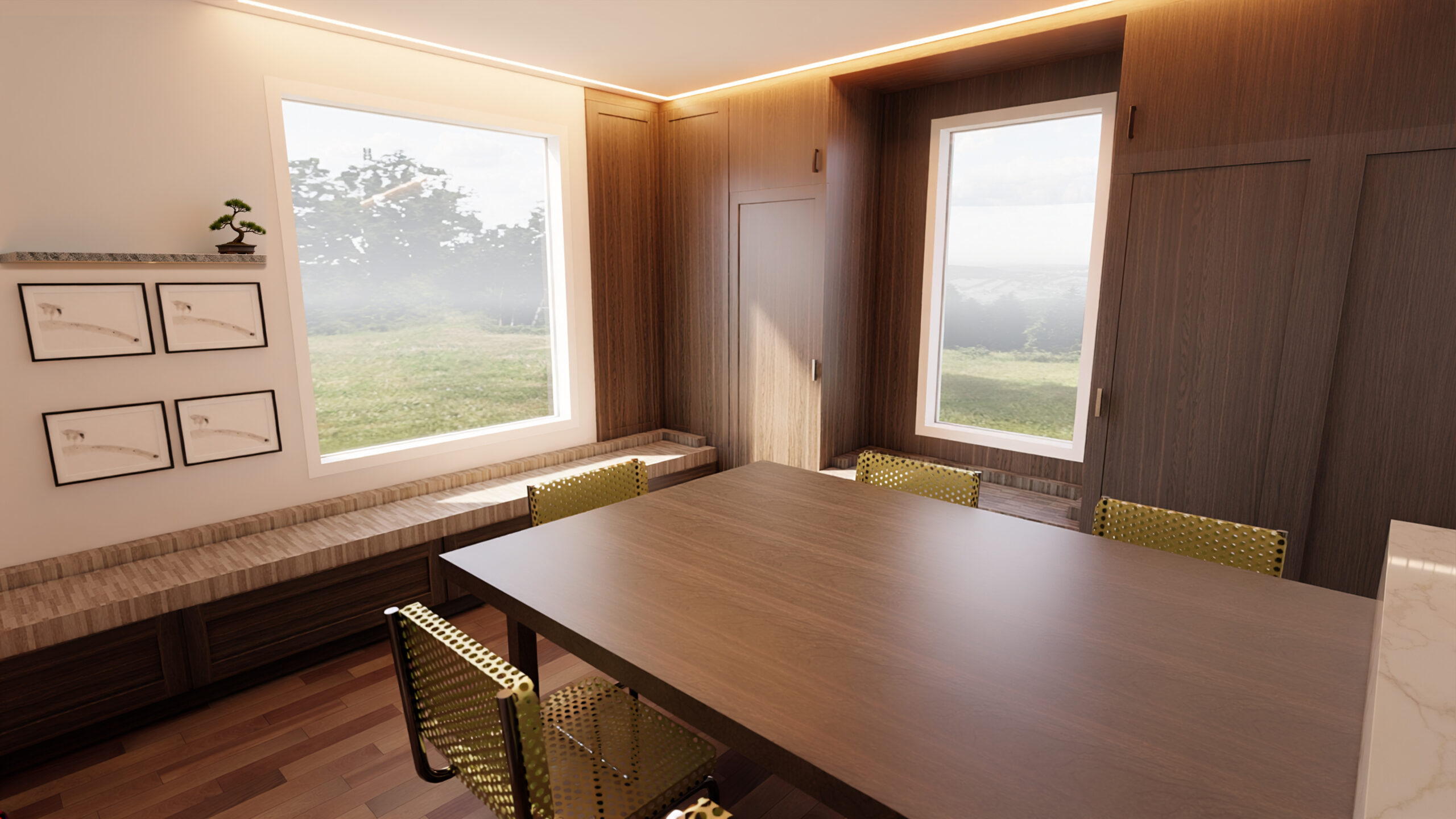 Wood paneled interior with seating