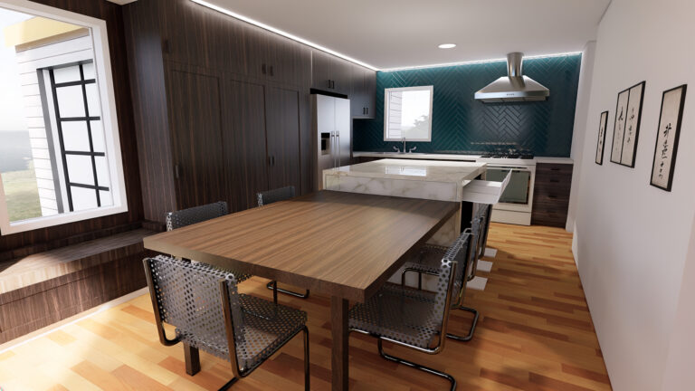 Stylish dining table and island in open concept kitchen