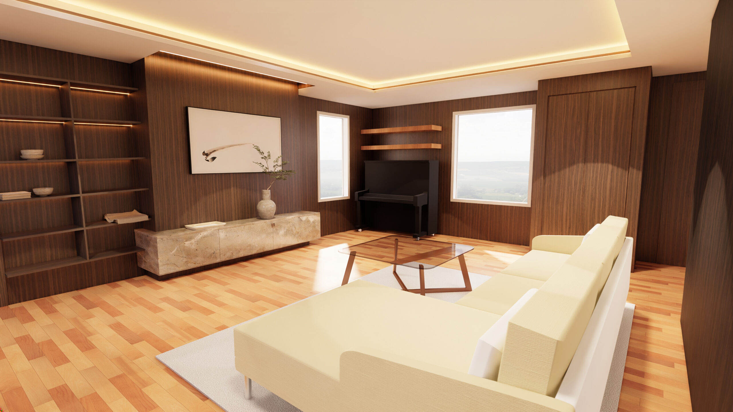 Stylish interior design with wood floors and beige sofa