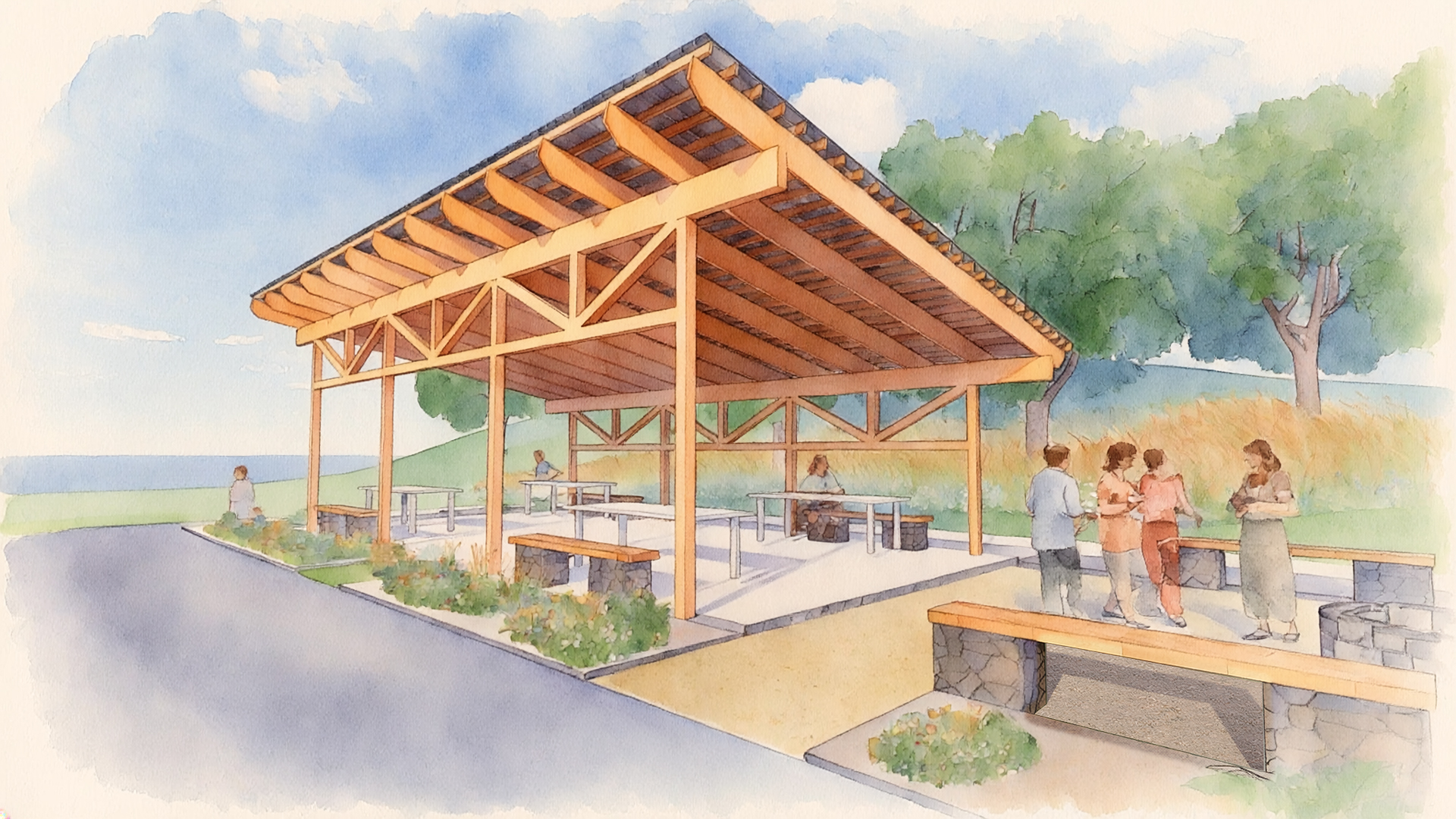 Watercolor illustration of a modern outdoor pavilion