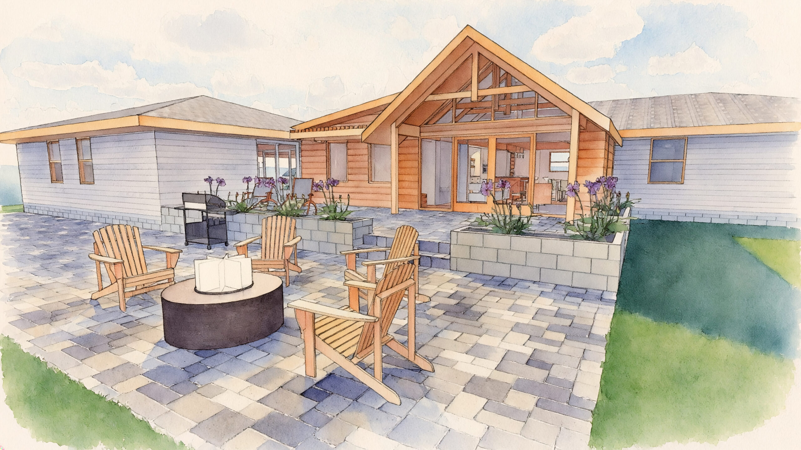 Backyard patio design with fire pit and chairs