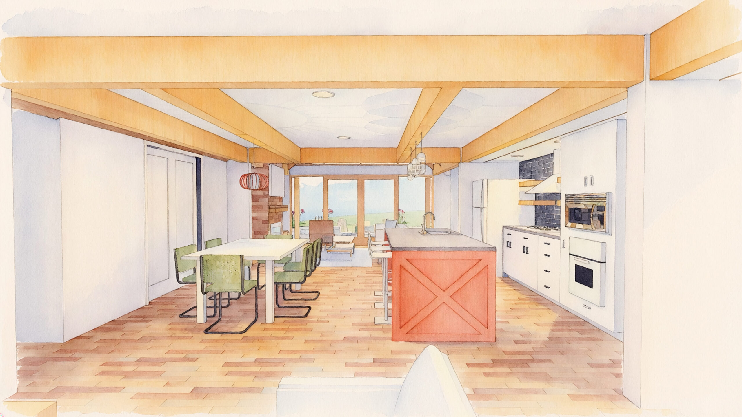 Architectural drawing of contemporary kitchen and dining