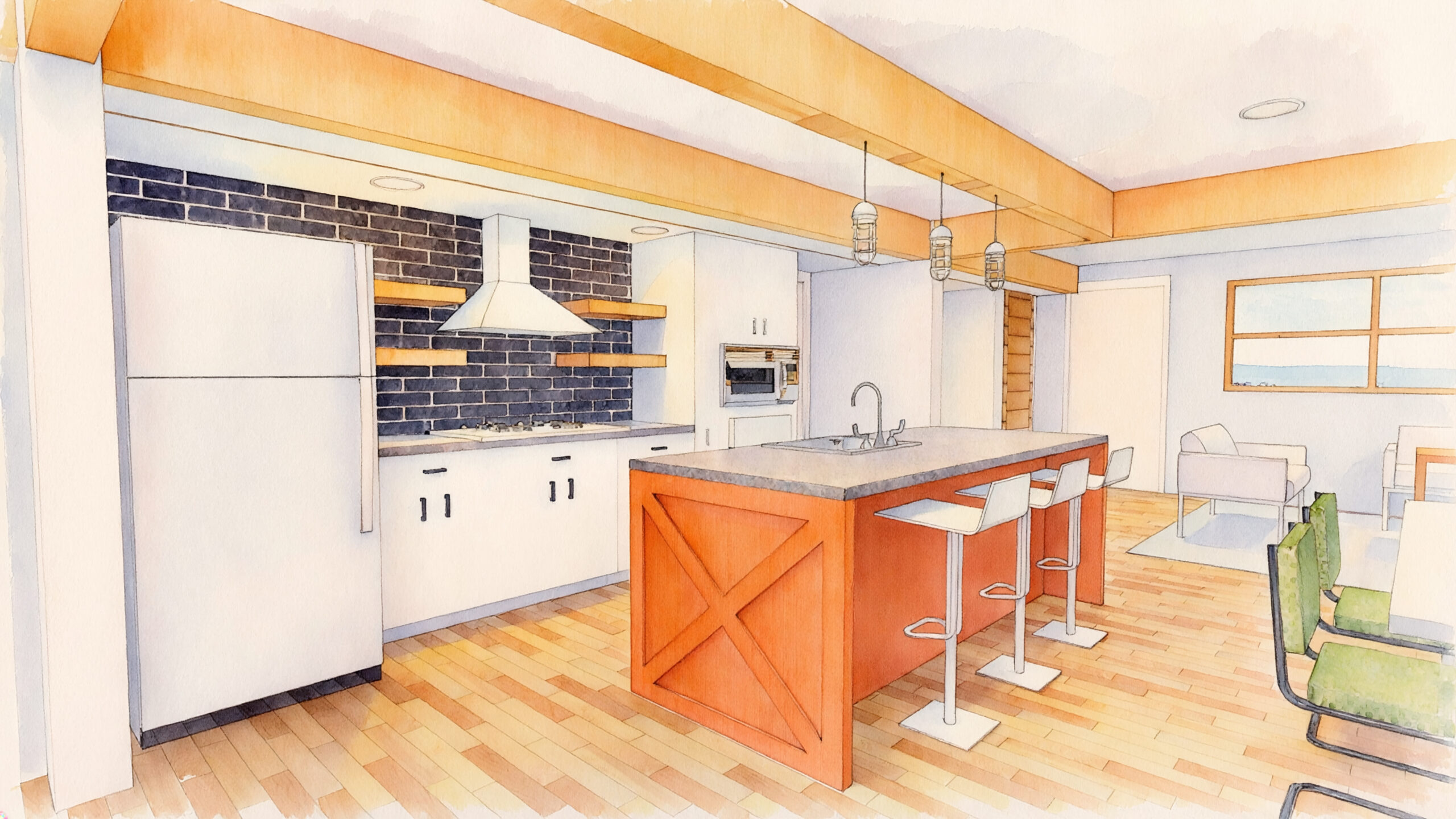 Modern kitchen with orange island