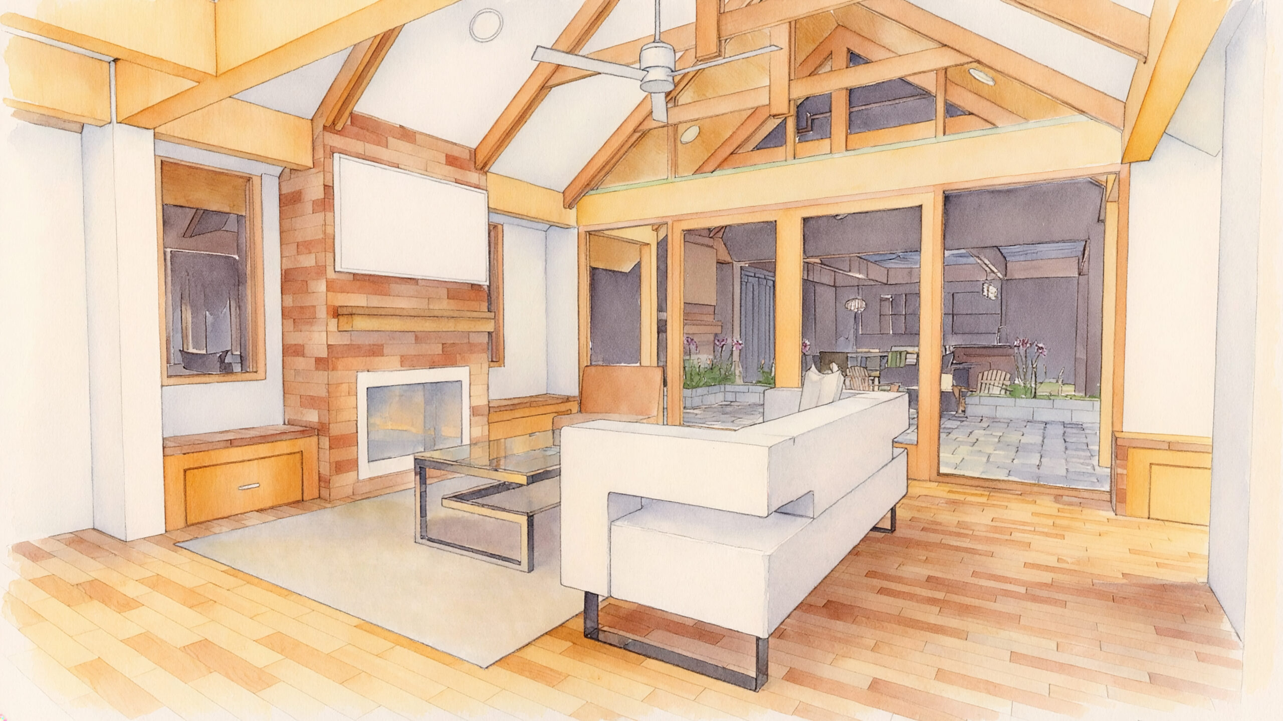 Interior design sketch with vaulted ceiling