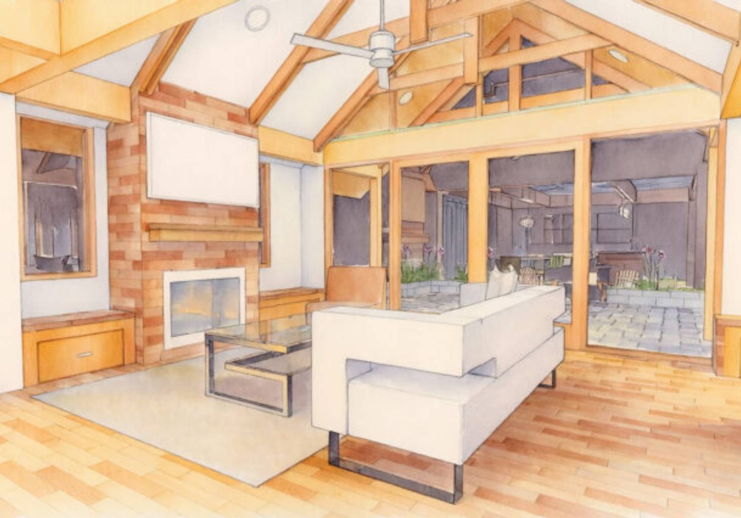 Contemporary living space with vaulted ceiling art